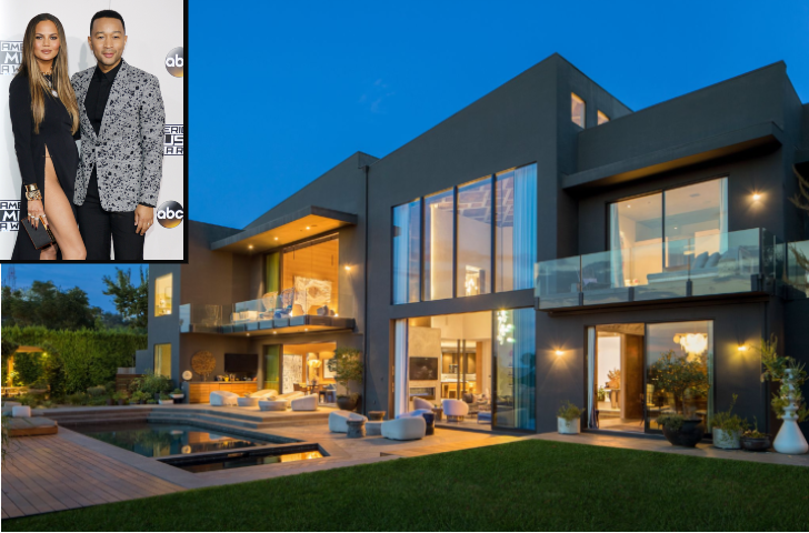 Chrissy Teigen and John Legend at red carpet event alongside outdoor view of sold mansion