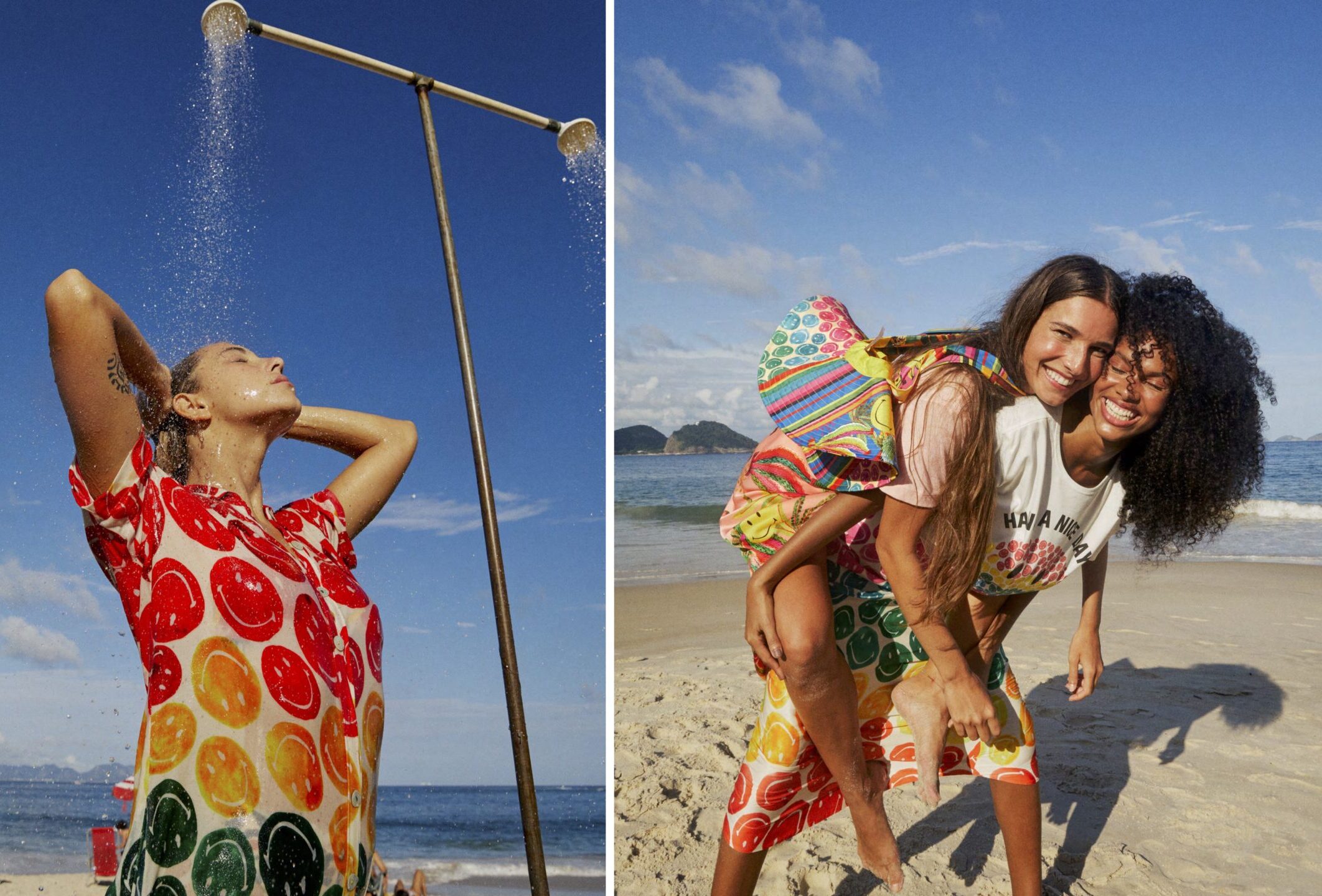 Promotional photos showcasing the new Farm Rio and Smiley fashion collab.