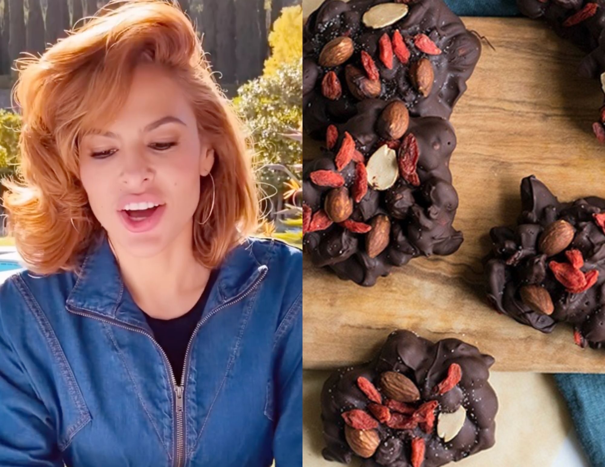 Cover image of Eva Mendes beside a picture of a chocolate dessert with almonds and goji berries.