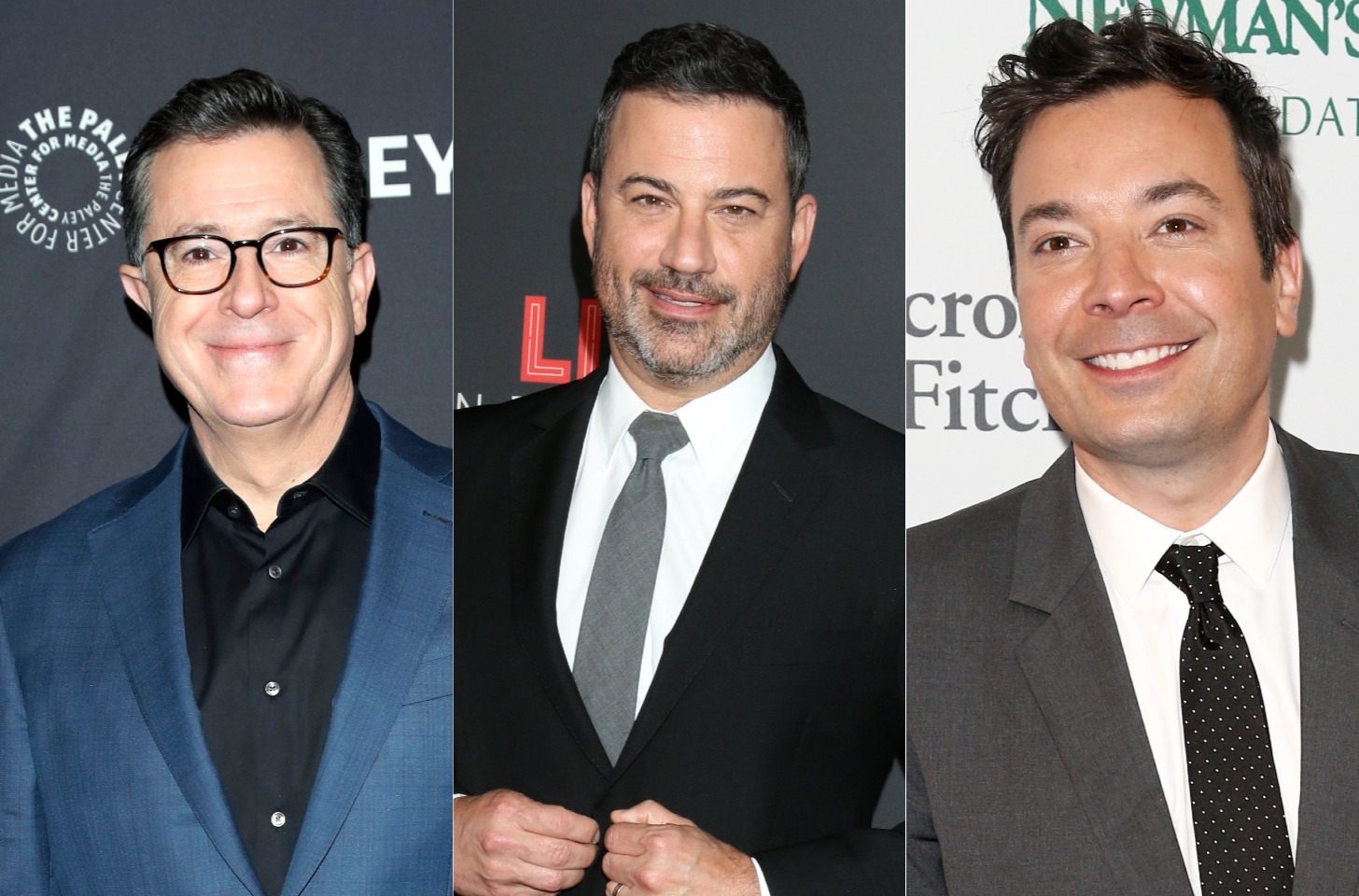 Side by side pictures of Stephen Colbert, Jimmy Kimmel, and Jimmy Fallon; they're all smiling and wearing suits.