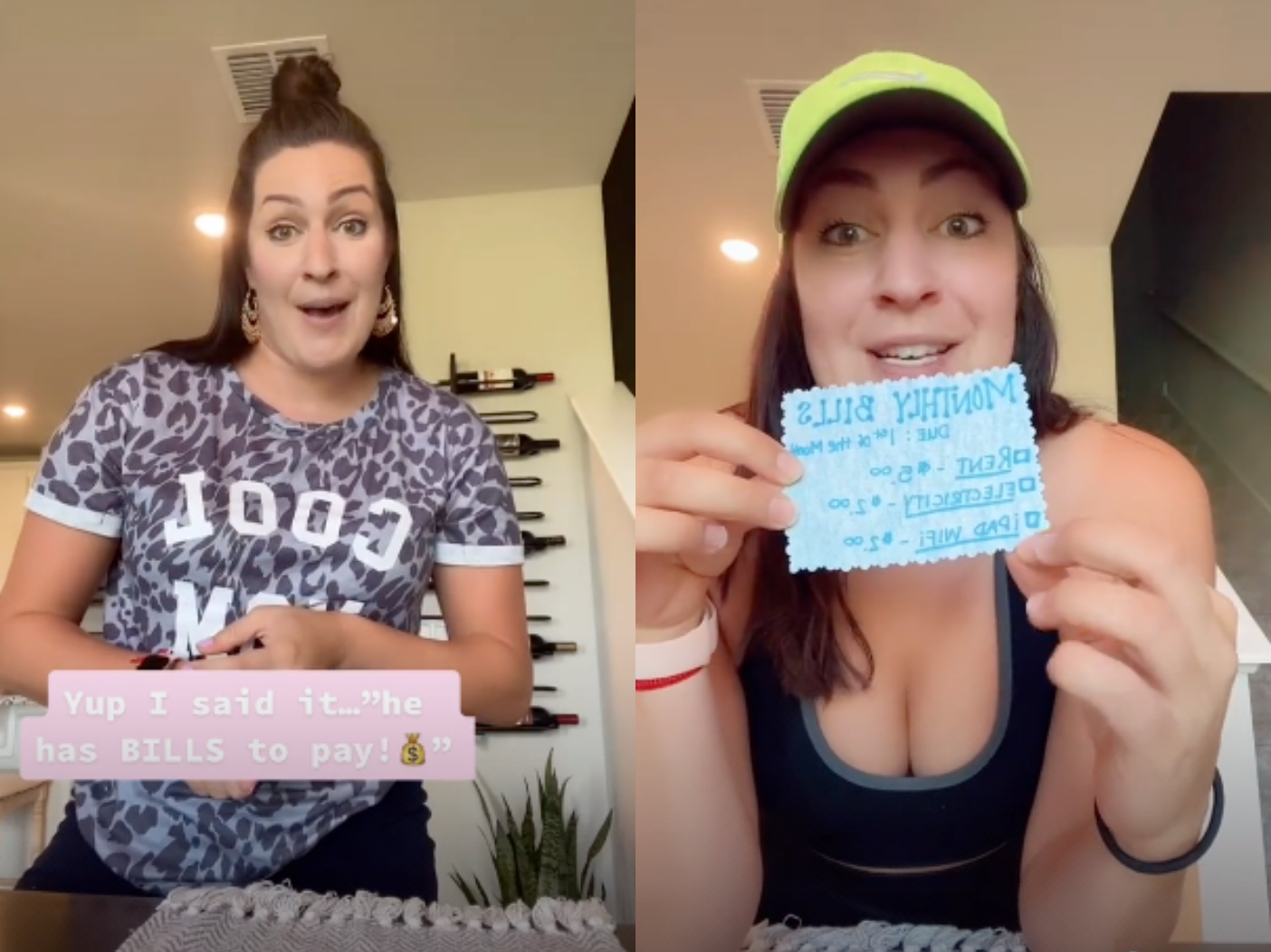 Side by side screen grabs from @craftedandcozy TikTok videos explaining charging her son bills