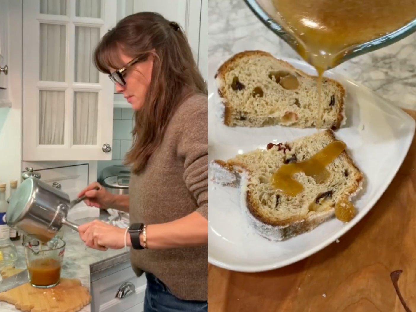 Side by side images of Jennifer Garner making her maple butter and her pouring it over sweet bread.