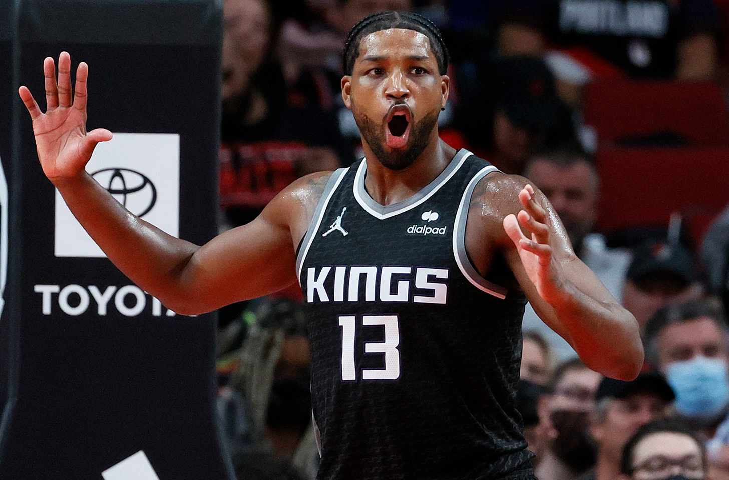 Tristan Thompson of the Sacramento Kings on the court, looking upset