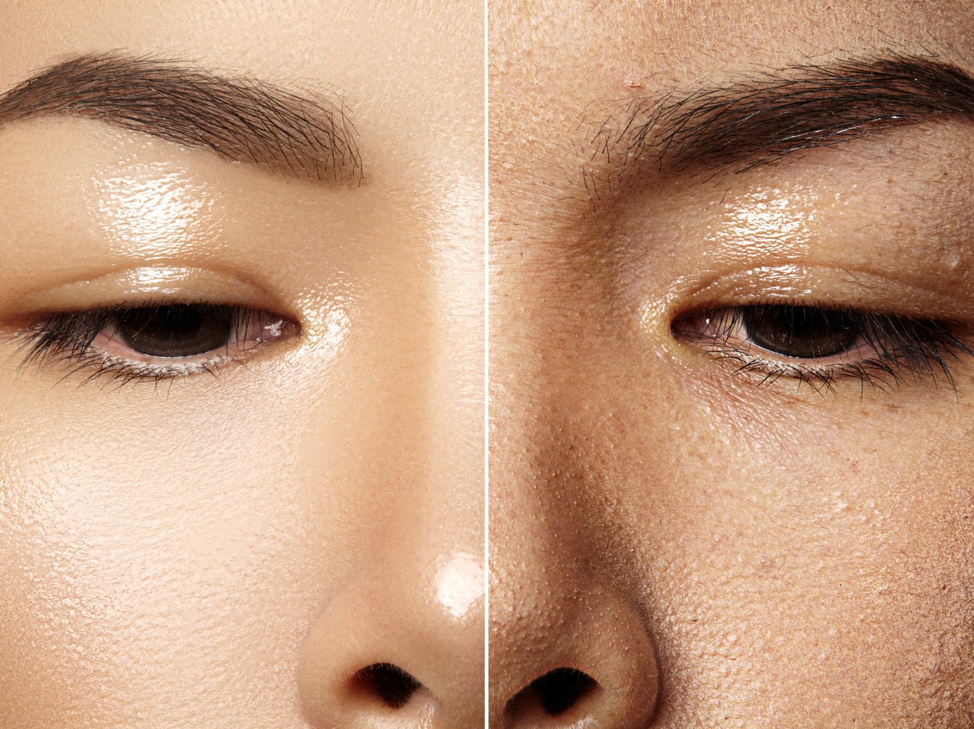 Close up of woman's face, the left side demonstrating smooth, dewy makeup while the right side shows cakey foundation.