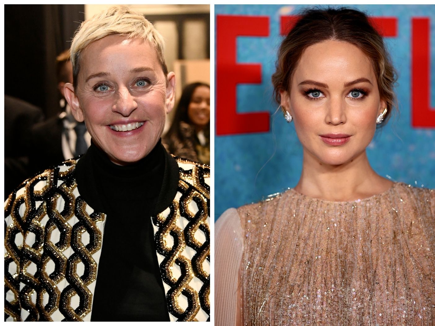 Split Image: (L), Ellen Degeneres smiles while wearing a black turtleneck and patterned jacket. (R) Jennifer Lawrence staring straight ahead wearing a beige, sparkly dress.