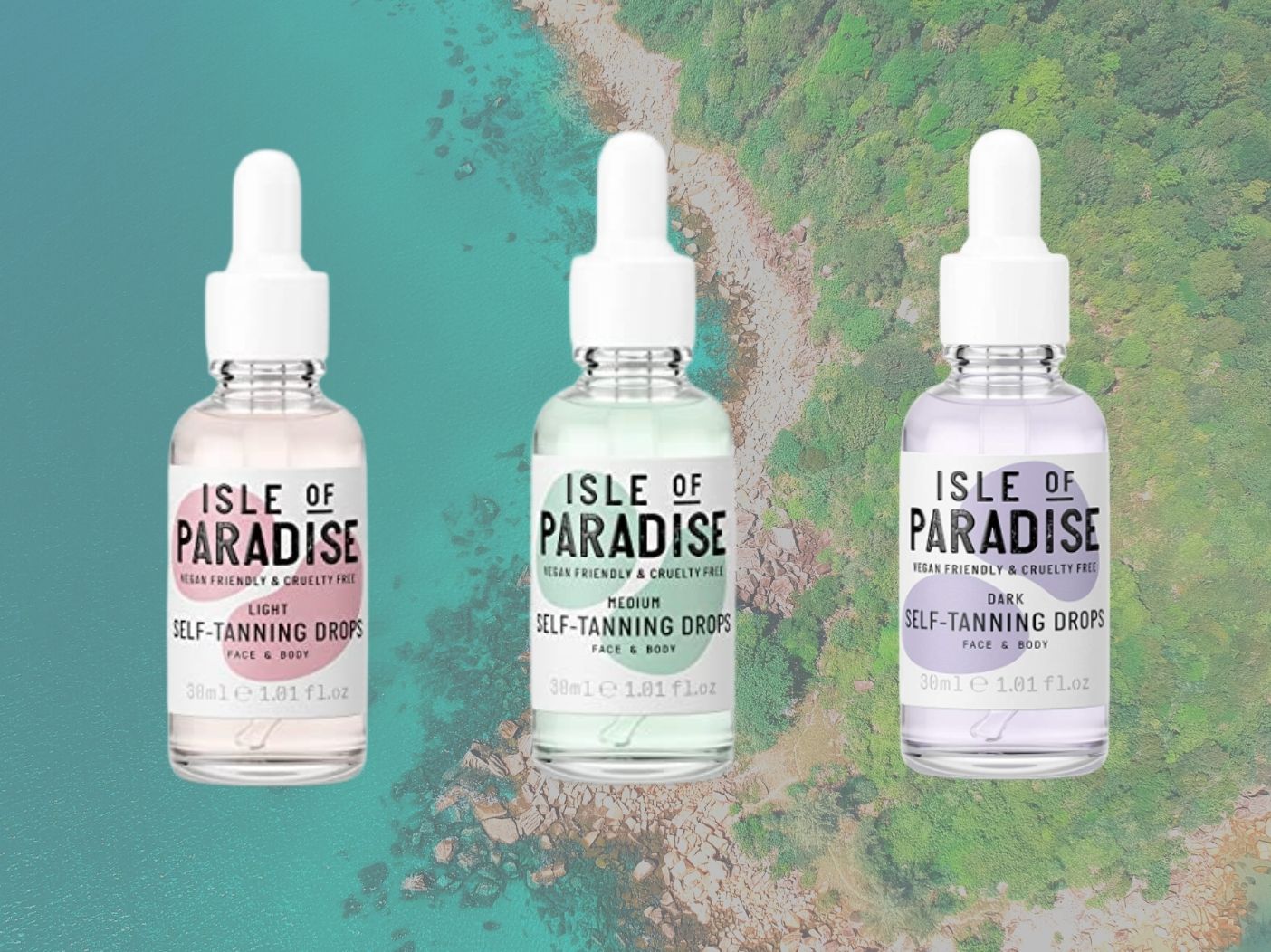 The three shades of Isle of Paradise self-tanning drops.