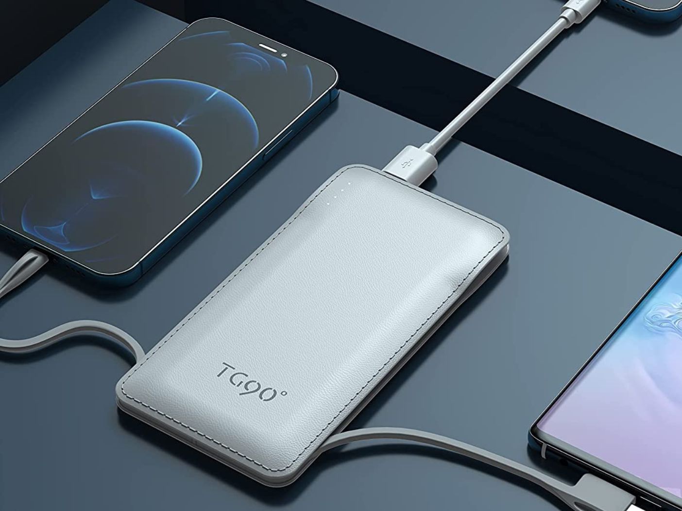 TG90 portable power bank charging three phones at once