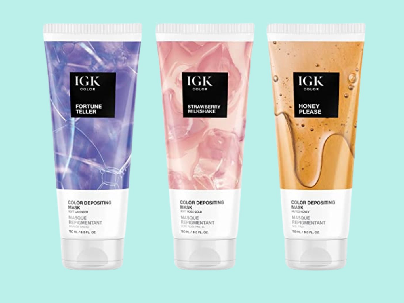 Three shades of IGK's color depositing hair mask.