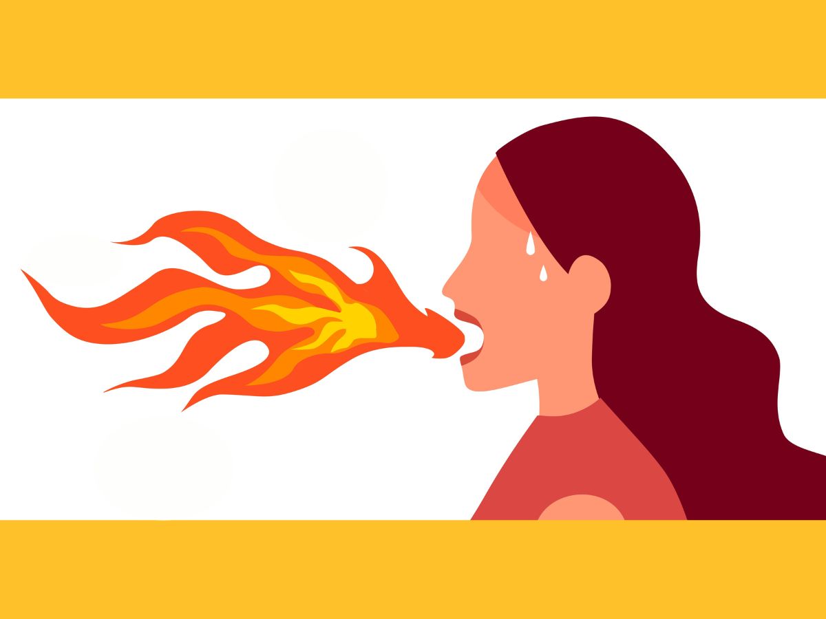 Illustration of a woman sweating and breathing fire