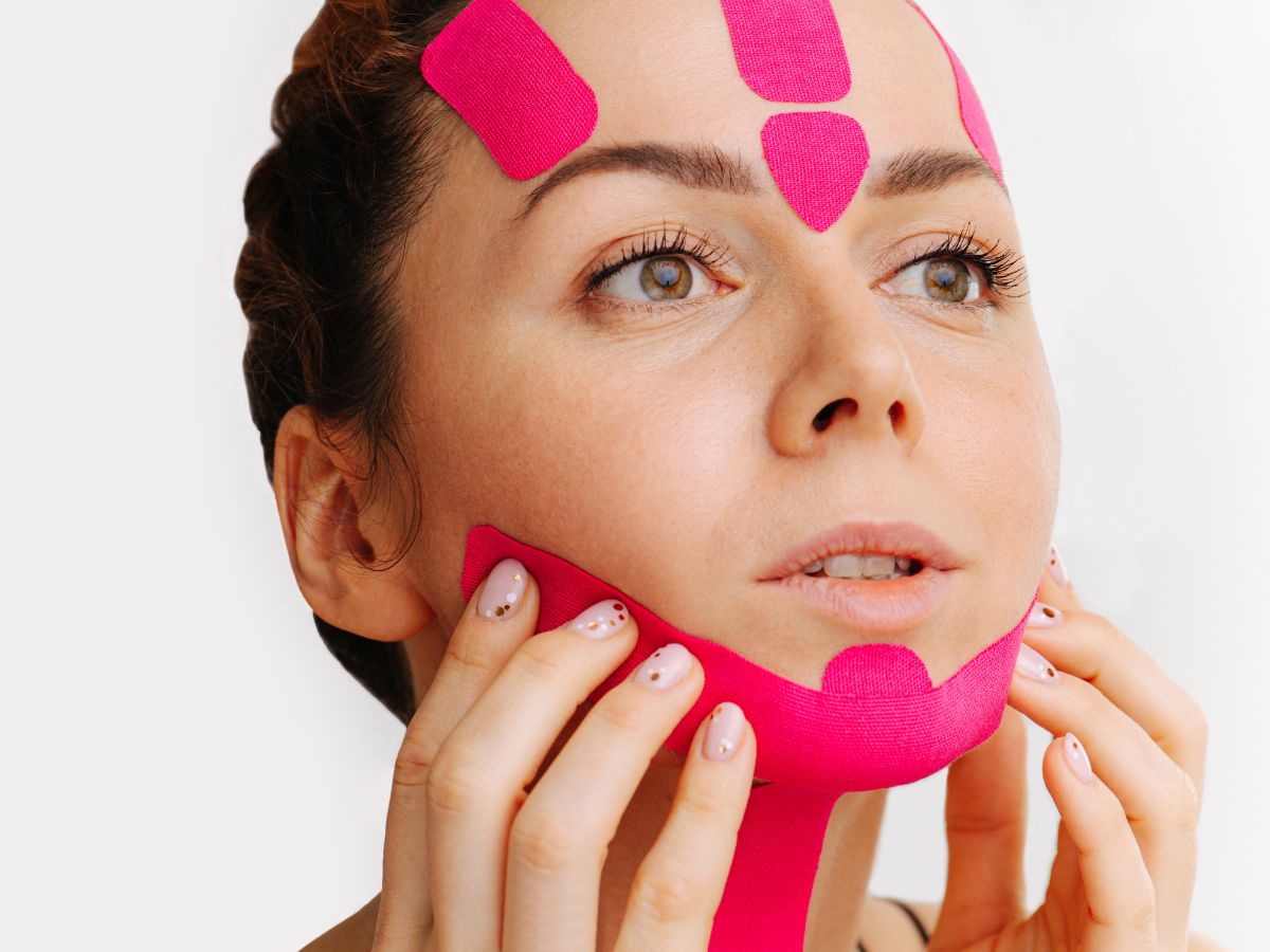 a young woman places pink face tape on her cheeks, chin and forehead