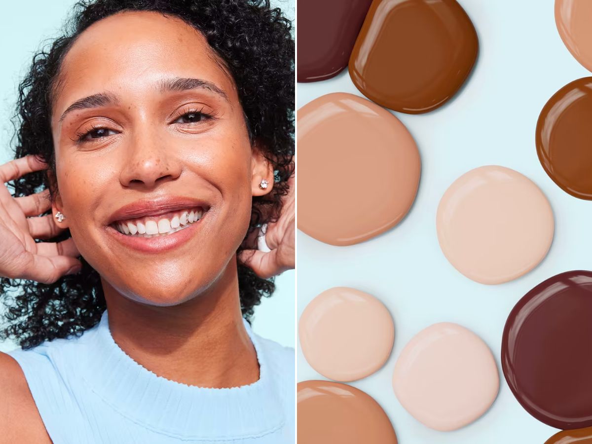 Side-by-side images of a model wearing the Tula Serum Skin Tinted Sunscreen and dollops of the skin tint in a variety of skin tones