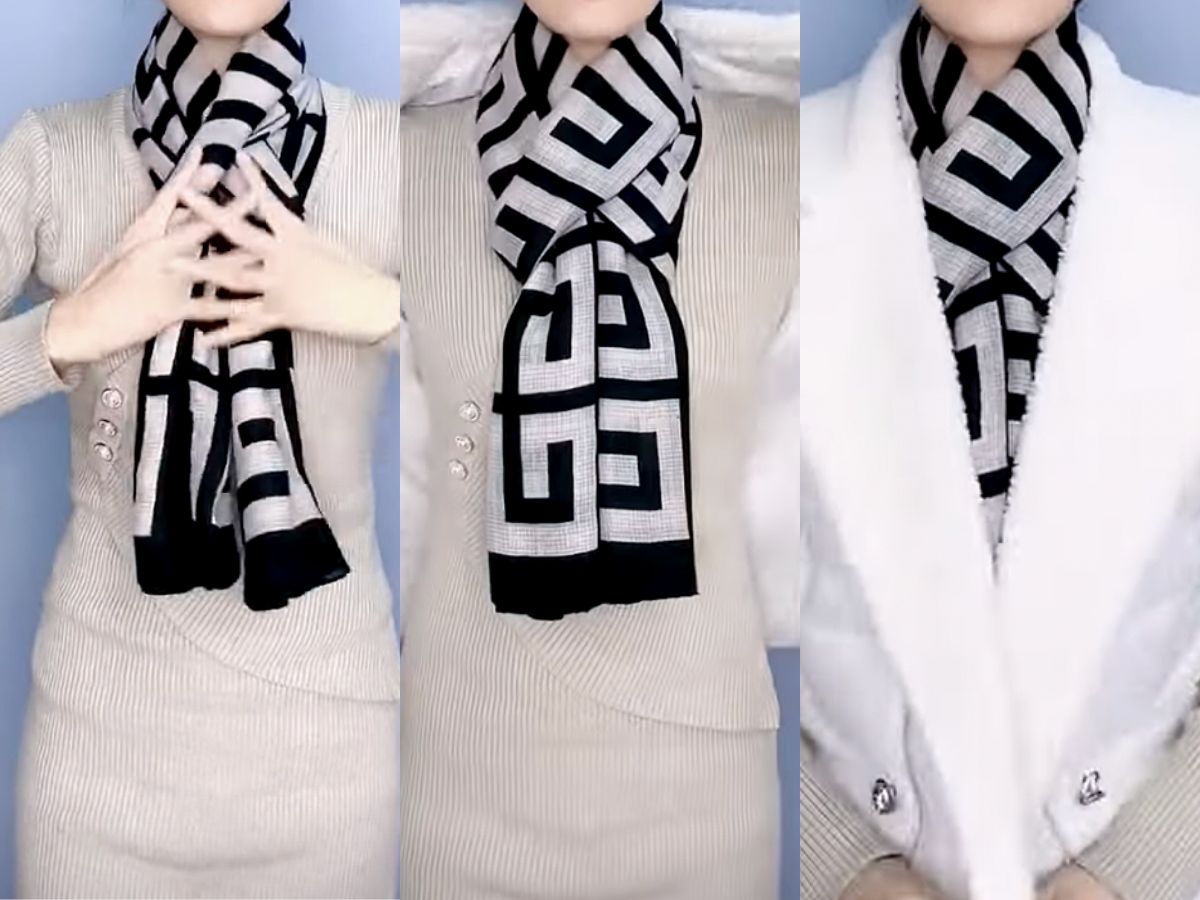 Different stages of tying a scarf