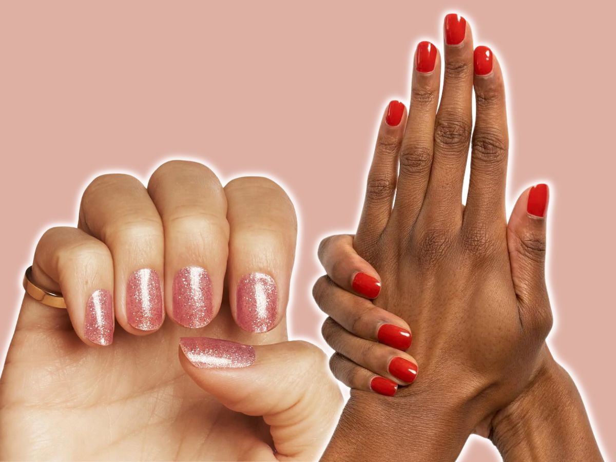 Two hands modeling different styles of the ManiMe nail wraps