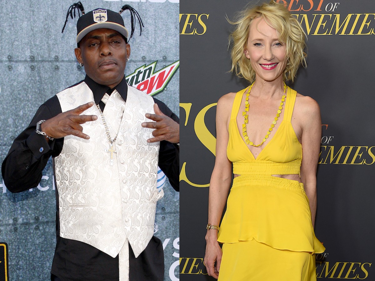 Split image (L) Coolio in white vest, Anne Heche in yellow dress