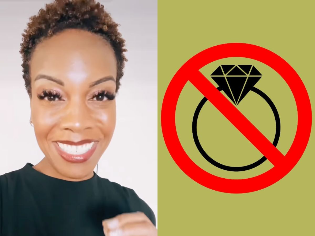 L: A screengrab of Aishia Grevenberg on TikTok, R: Image of a crossed-out diamond ring