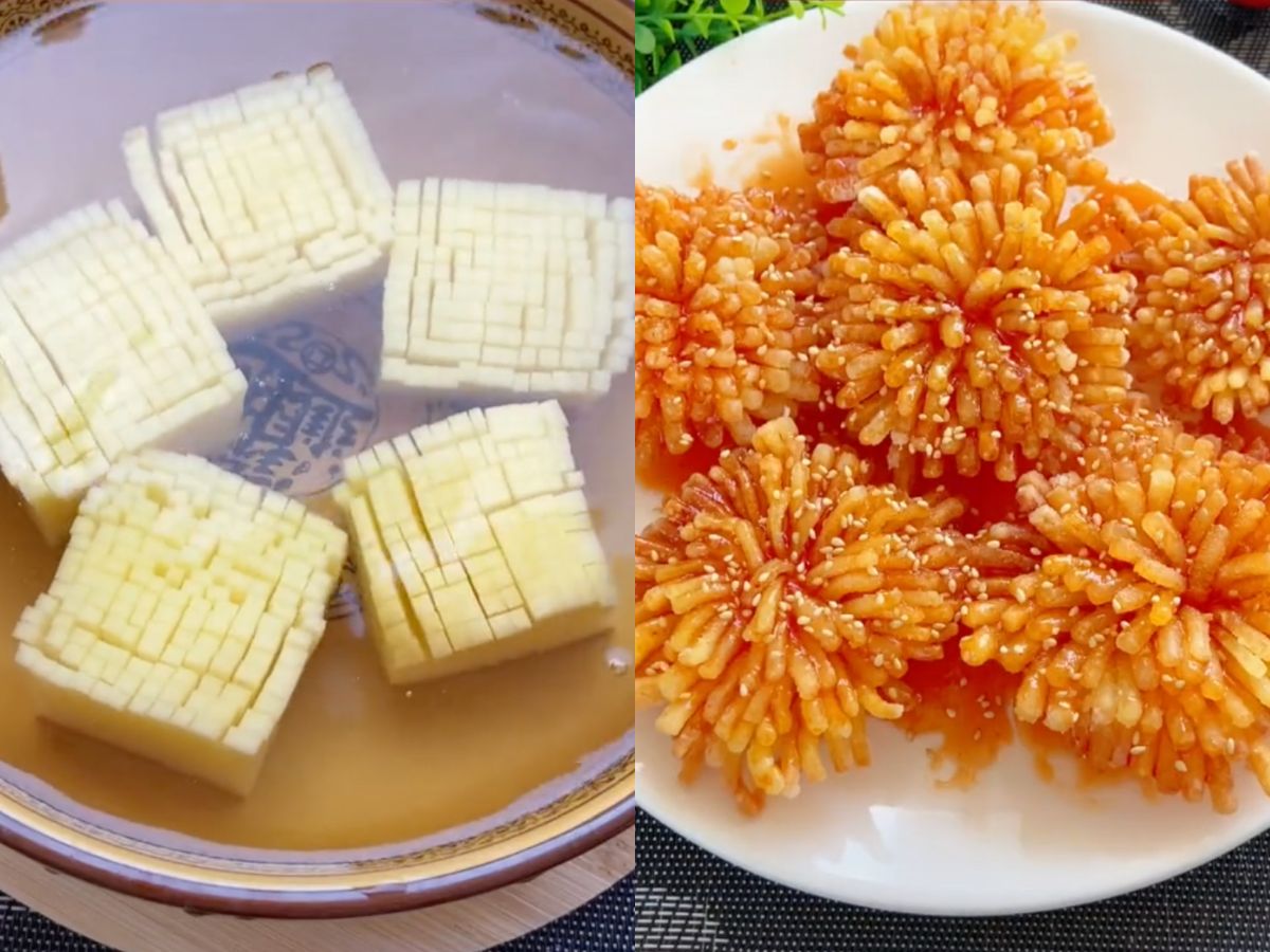 Two steps in making viral TikTok recipe "firework potatoes"