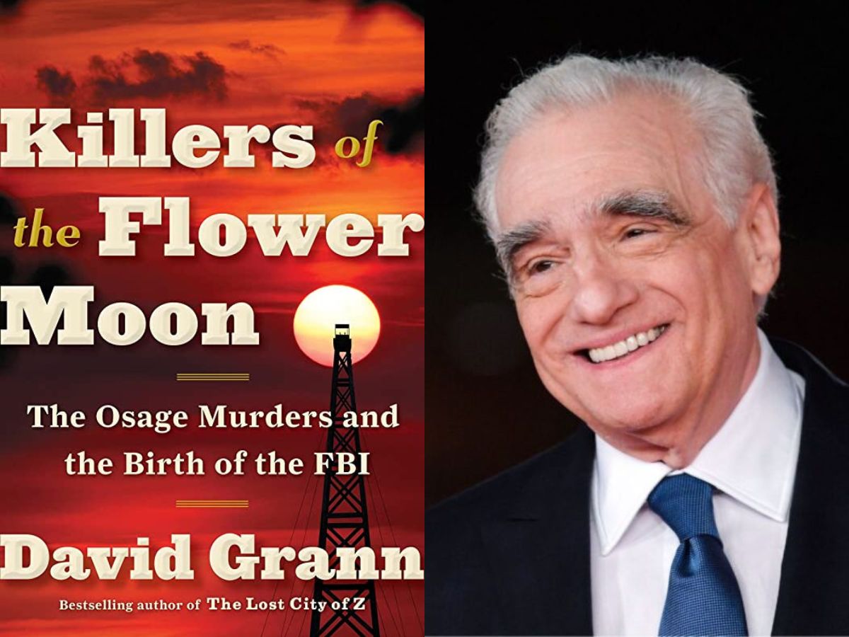 L: Cover art for the book Killers of the Flower Moon, R: Martin Scorsese