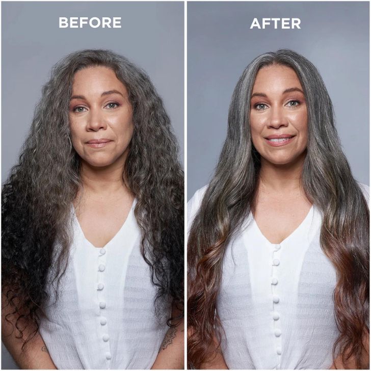 Before and after hair photos of a model who used Go Gray's Revitalizing Treatment.