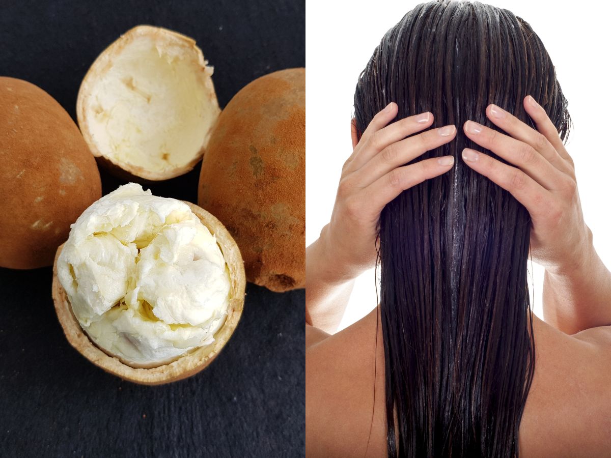 L: A cut-open cupuaçu fruit, R: A woman applying a hair mask