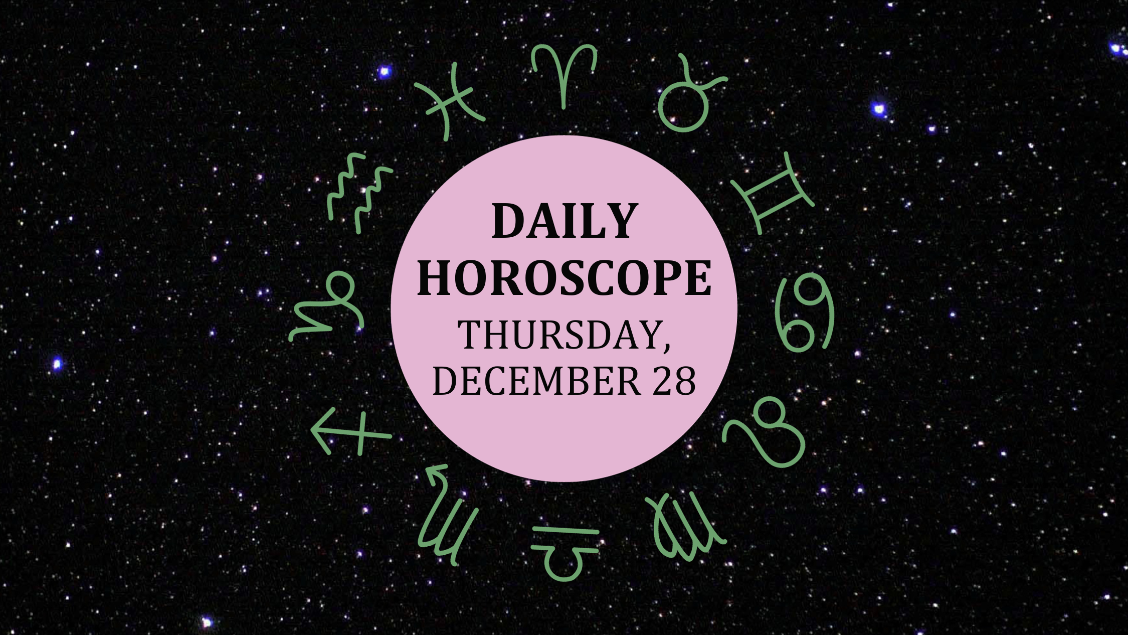 Zodiac wheel with text in the middle: "Daily Horoscope: Thursday, December 28"