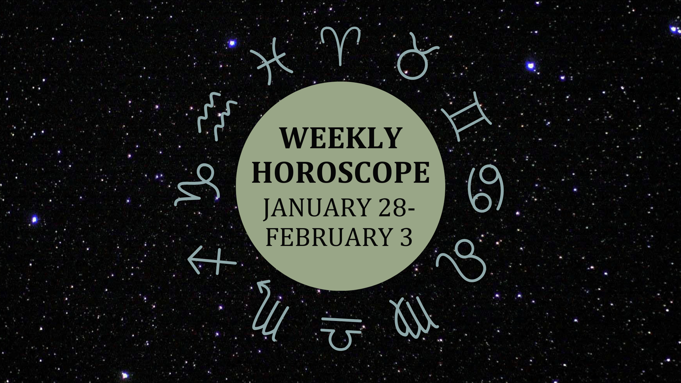 Zodiac wheel with text in the middle: "Weekly Horoscope: January 28-February 3"