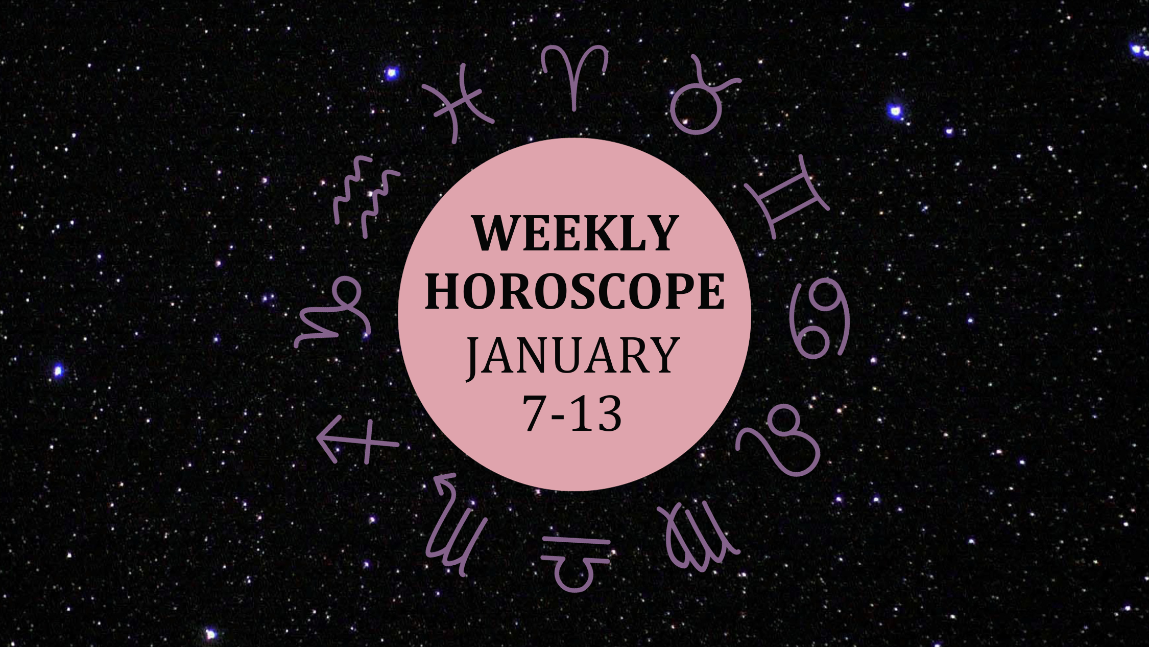 Zodiac wheel with text in the middle: "Weekly Horoscope: January 7-13"