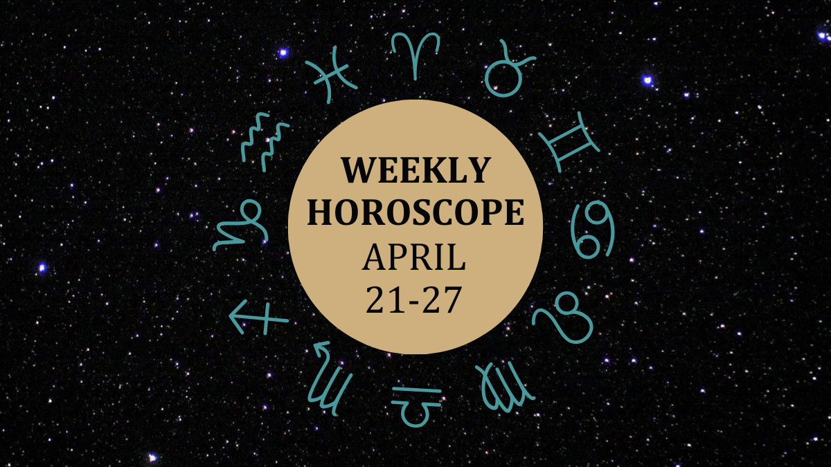 Zodiac wheel with text in the middle: "Weekly Horoscope: April 21-27"