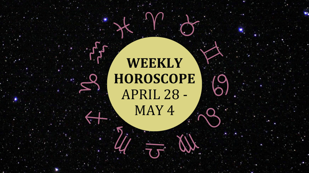 Zodiac wheel with text in the middle: "Weekly Horoscope: April 28-May 4"